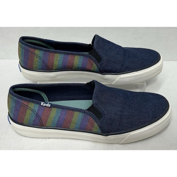Keds Shoes Womens 8.5 Double Decker Stripe Denim Slip On Sneaker Preppy Nautical - Picture 2 of 10